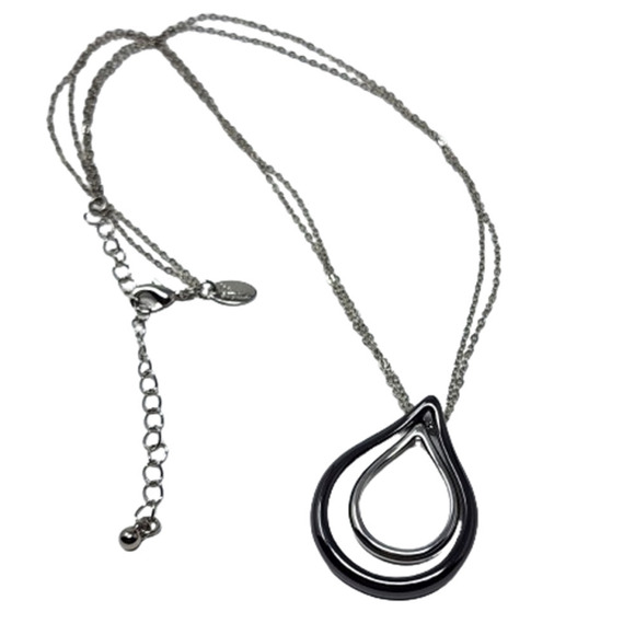 Lia Sophia Double Chain Necklace w/ Tear Drop Pendant - Black and Silver 16-19" - Picture 1 of 8